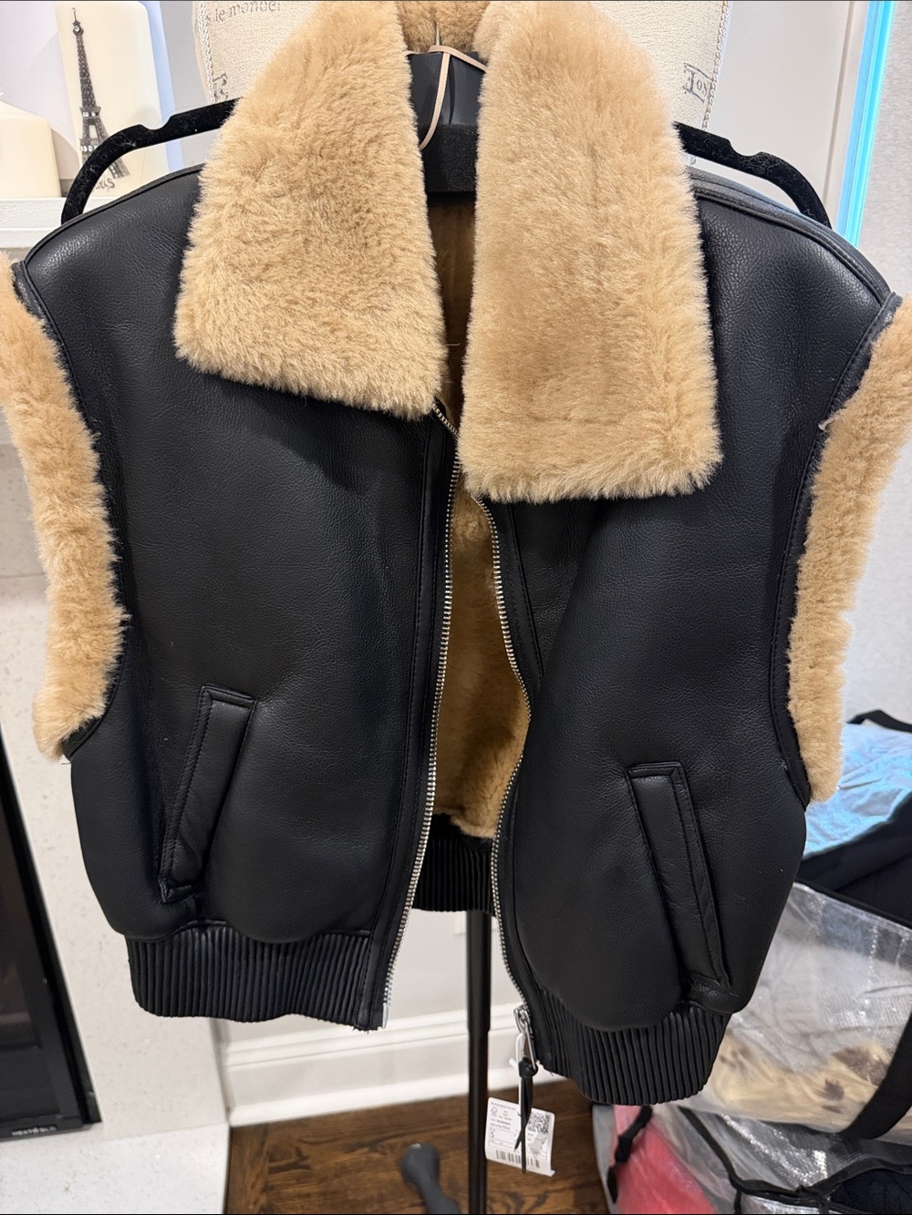 Mango Black Leather Jacket with White Tag Detail